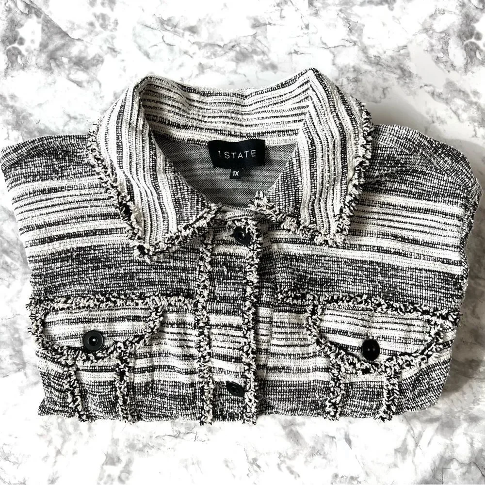 1. State Black Cream Fringe Tweed Button Front Long Sleeve Blazer Jacket